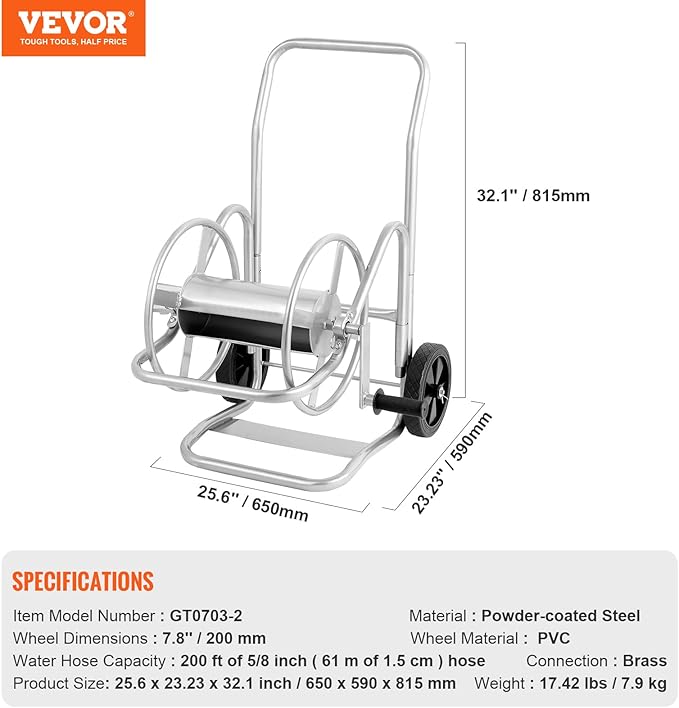 VEVOR Hose Reel Cart, Hold Up to 200 ft of 5/8 in Hose (Hose Not Included), Garden Water Hose Carts Mobile Tools with Wheels, Heavy Duty Powder-Coated Steel Outdoor Planting for Garden, Yard, Lawn