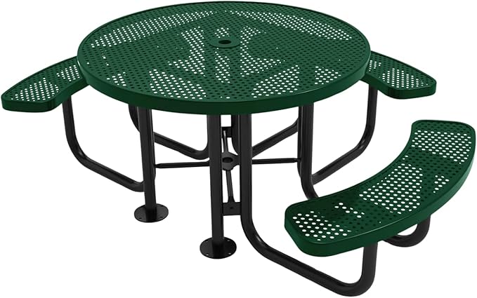 Heavy-Duty Portable Outdoor Picnic Table with Umbrella Hole, Punched Steel Patio Dining Furniture Made in America (46" Round Top, Green)