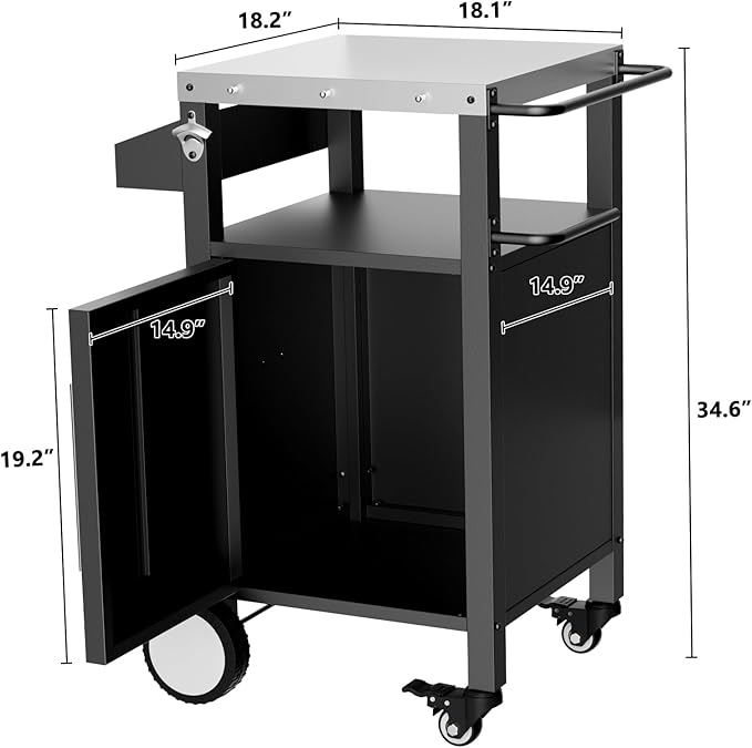 Outdoor Grill Cart with Patio Furniture, Outdoor Grill Table with Storage,Rolling Bar Cart Outdoor BBQ Cart with Hooks and Spice Rack for Grilling Accessories(Single Door, Black)