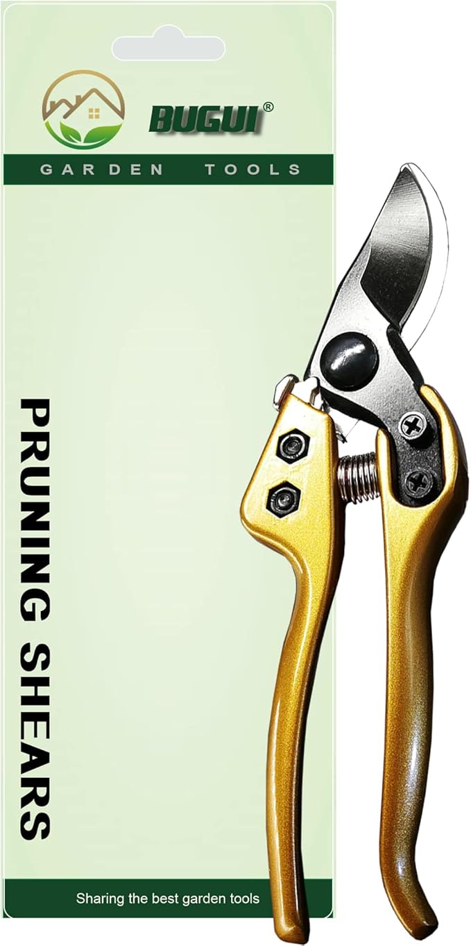 BUGUI 8" Heavy-Duty Pruning Shears, Professional Bypass Gardening Scissors, 1" Cutting Capacity, Sharp Garden Clippers with Low-friction Painted Stainless Steel Blade (Gold)