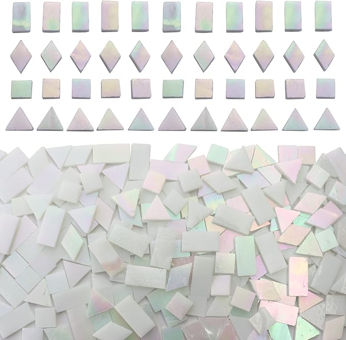 Iridescent White Glass Mosaic Tiles for Crafts, 280 Pcs Mixed 4 Shapes Stained Glass Sheets, Mosaic Kit for Adults Kids, Supplies for Mosaics