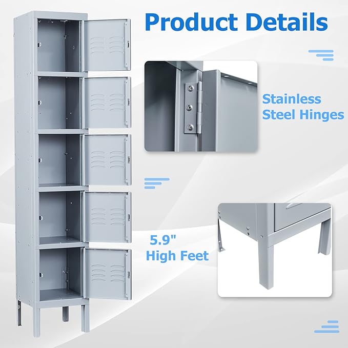 Letaya Metal Lockers, 5 Doors -66" Tall Steel Storage Cabinets Lockable for Employees, School,Gym, Home,Office,Mudroom,Industrial Lockers (Gray)