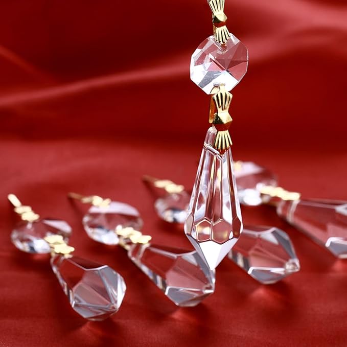 HDCRYSTALGIFTS 20Pcs 38mm Replacement Clear Chandelier Icicle Crystal Prisms Octogan Crystal Bead for Lamp Decor,Gold Bow Tie Connectors