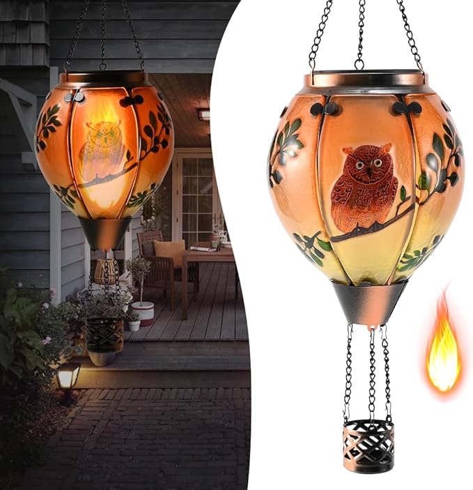 Hot Air Balloon Solar Lantern - Owl Bird Stained Glass Lantern with Simulated Flickering Flame, Outdoor Hanging Yard Light Waterproof IP65 & Weather Resistant for Patio Lawn Porch Decor Gfit