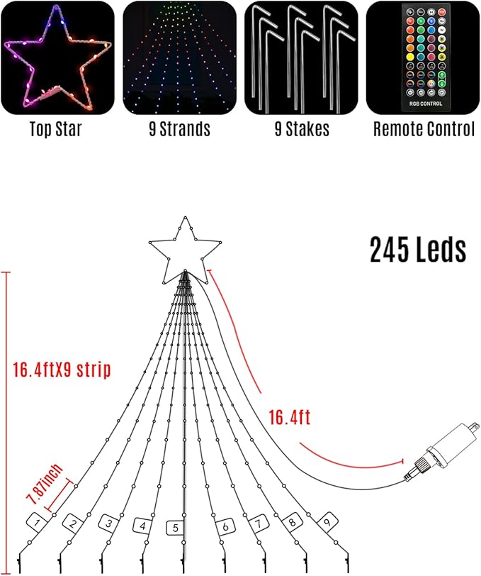 16.5FT Outdoor Christmas Decorations Tree Lights for Yard, Dynamic Star String Lights Waterfall App Control Color Changing Music Timer, Christams Lights Plug in 245 LEDs for Outside Xmas Home Decor