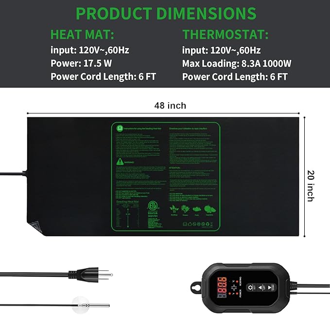48"x20" Seedling Heat Mat with Digital Thermostat Combo Set,ETL Certified and Durable Waterproof Warm Hydroponic Heat Mat for Germination,Indoor Gardening,Brewing and Greenhouses