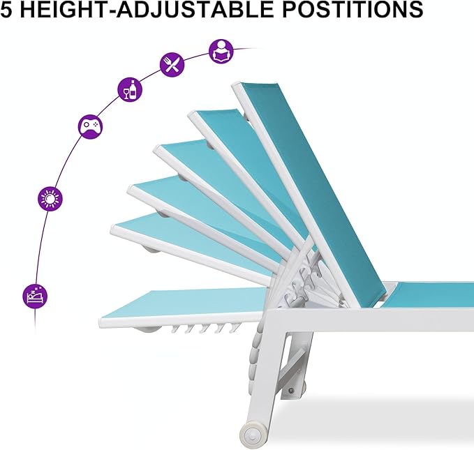 PURPLE LEAF Lounge Chair Outdoor Set of 4 White Aluminum Lounge Chairs with Wheels and Table Outdoor Chaise Lounge for Patio Pool Yard, Turquoise