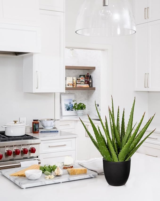 Fake Succulent Aloe Vera Plants 13.4 Inch Large Artificial Succulents with Black Pot Faux Aloe Potted Plant for Desk Modern Home Office Bedroom Living Room Table Shelf Decor