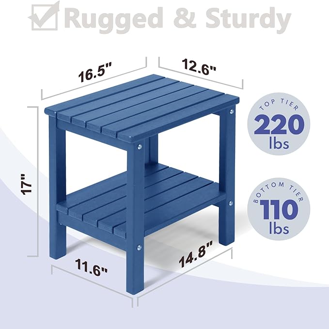 PASAMIC 2-Tier Adirondack Square Side Table, 17" HDPE Outdoor Side Tables, Weather Resistant End Table for Patio, Backyard, Pool, Indoor Companion, Beach, Easy Maintenance (Navy Blue)