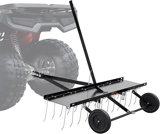 VEVOR Tow Behind Dethatcher, 48-inch Tow Dethatcher with 24 Spring Steel Tines, Lawn Dethatcher Rake for ATV or Mower, Tow Behind Lawn Rake with Lift Handle for Garden Farm Grass