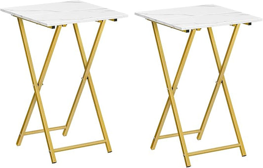 HOOBRO Folding TV Tray Tables, Set of 2 Wooden TV Tray, Portable Sofa Side Table, Industrial Snack Table End Table for Small Spaces, Space-Saving, Easy to Install and Fold, Marble and Gold DM27BZP201