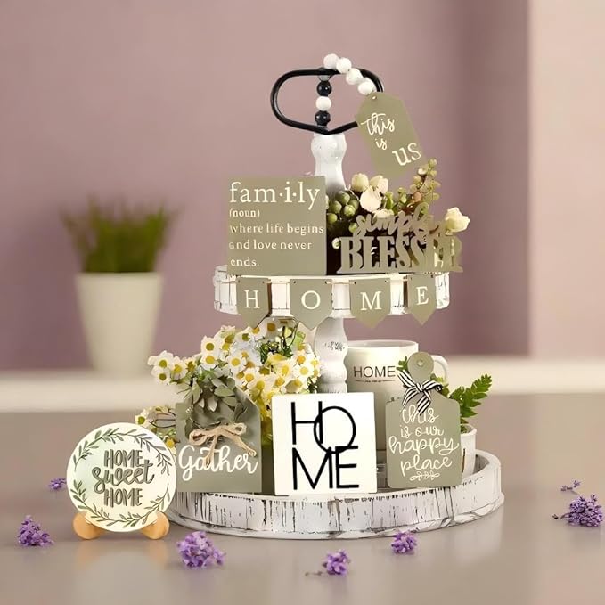 11PCS Farmhouse Tiered Tray Decor Set – Rustic Wooden Mini Signs and Decorations for Home and Kitchen Display (Tiered Tray Not Included)