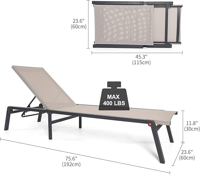 Aluminum Chaise Lounge Chair Outdoor, Foldable Patio Lounge Chair 2 Sets with Table Assemble-Free, Pool Lounge Chairs with 5 Adjustable Backrest, Outdoor Lounge Chairs for Outside Poolside Beige