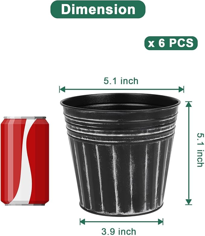 vensovo 5 Inches Black Metal Rustic Flower Pots - 6 Pcs Small Galvanized Planters with Drainage Hole and Rubber Plug, Rustproof Tin Bucket Plant Pot Farmhouse Vintage Style for Decor