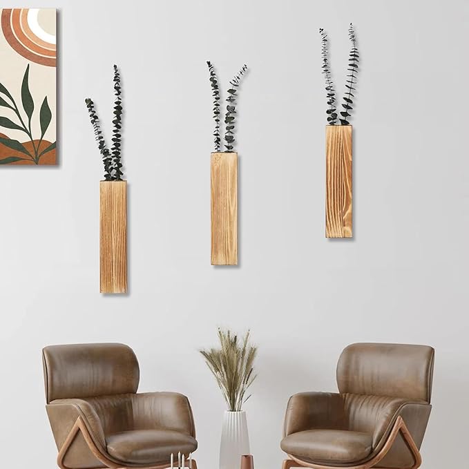Wooden Wall Planter Set of 3 - Modern Home Decor for Living Room, Bedroom, Bathroom - Brown Finish Planter for Dried Flowers, Faux Greenery, Indoor Plants