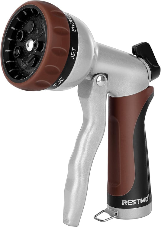 RESTMO Garden Hose Nozzle, Heavy Duty Metal Water Hose Nozzle with 7 Adjustable Spray Patterns, High Pressure Hand Sprayer with Flow Control, Best for Watering Plant & Lawn, Washing Car & Pet, Brown