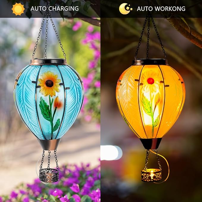 Starsoul Large Solar Hot Air Balloon Lantern with Flame Sunflower Glass Hanging Outdoor Hot Air Balloon Solar Light Waterproof Garden Patio Yard Party Decorations