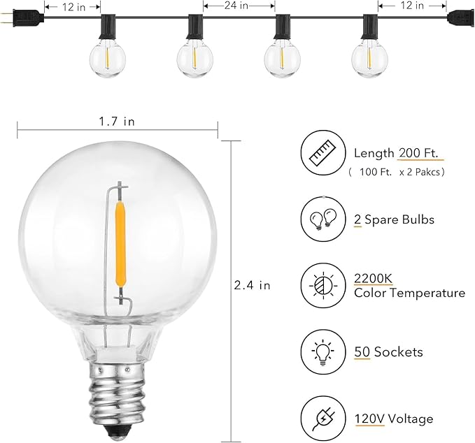 Brightown Outdoor String Lights - 2 Pack Globe Patio Lights 100 Ft with 50 G40 Shatterproof Bulbs, Waterproof Connectable Commercial Hanging Lights for Backyard Bistro Porch Cafe
