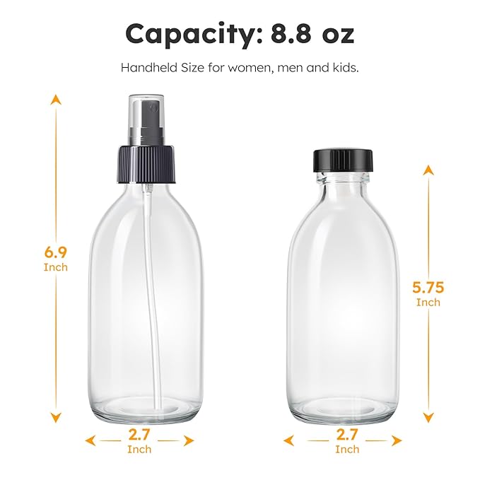 Tecohouse 2 Pack Glass Spray Bottles, 250ml Small Glass Bottles for Cleaning Solutions, Spray Bottles for Essential Oils, Plants, with Durable Nozzle, Labels, Funnel - Clear