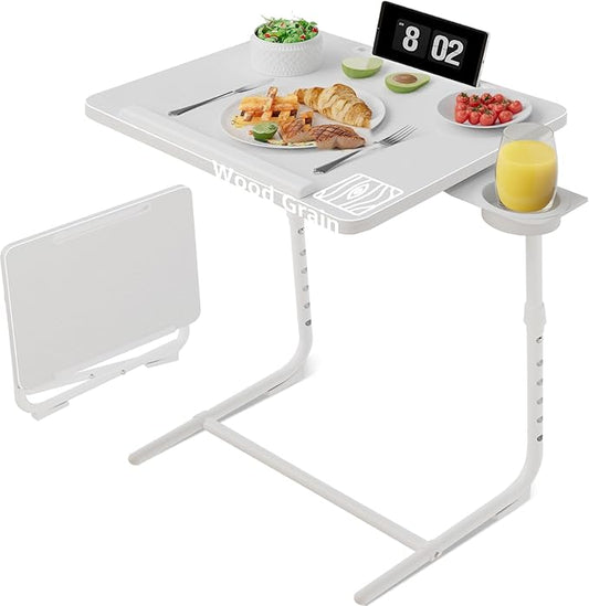 Adjustable TV Tray Folding Dinner - White Trays for Eating On Couch Wooden Tables Mate Stand Foldable Desk with Cup Holder Portable