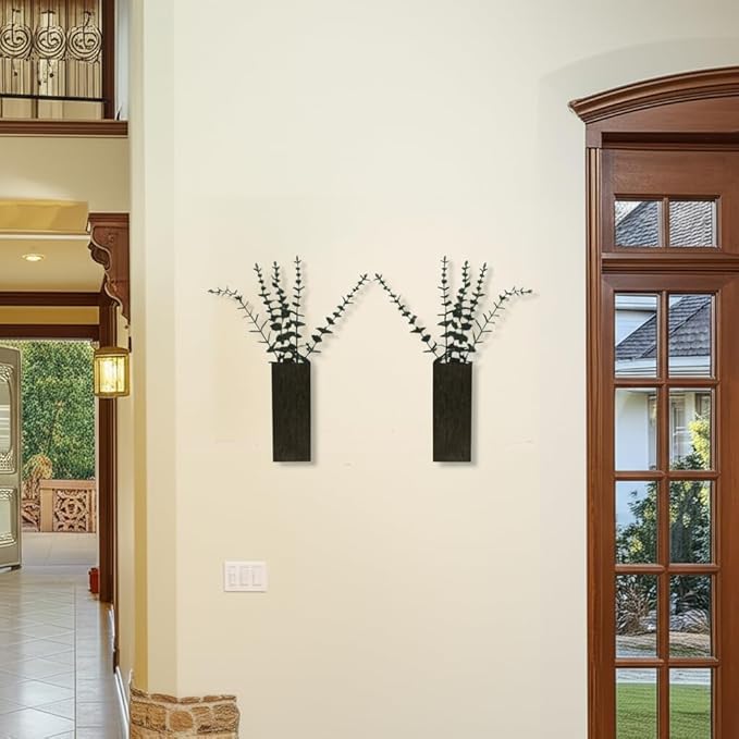 2 Pieces Wooden Wall Hanging Plant Pots Vase Contains Artificial Green Plants for Indoor Fake Plants Greenery Flowers, Modern Planters for Bathroom, Living Room, Kitchen Decor, (Brown)