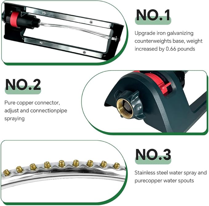 Lawn Sprinkler, 18 Brass Nozzles Garden Water Oscillating Sprinkler for Yard Covers up to 3,600 sq.ft, Heavy Weight Base, Built-in Spray Jet Cleaning Needle