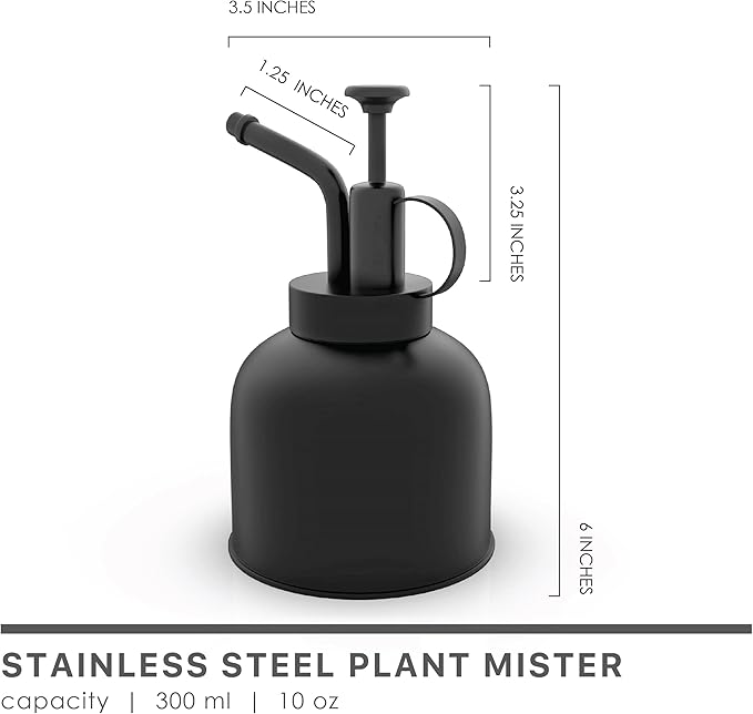 Plant Mister Spray Bottle Stainless Steel Watering Can for Indoor Plants Bonsai Sprayer Succulent Spritzer Houseplant Atomizer Terrarium Mister Modern Garden Tools 10oz/300ml Black