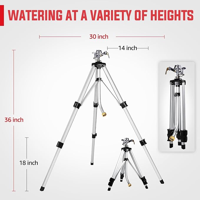 YAMATIC Impact Sprinkler on Tripod Base, 360 Degree Large Area, Heavy Duty Adjustable Pulsator Sprinkler for Lawn Yard and Grass, Spray up to 20-90ft (36inch) Zinc Head, 2Pcs