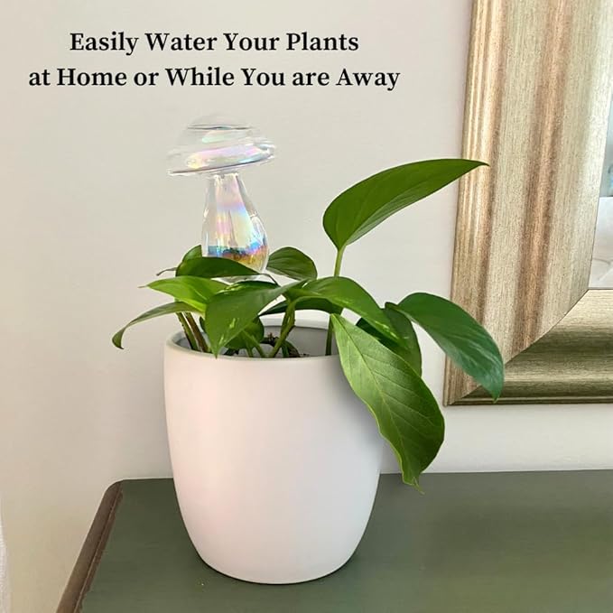 Evelots Plant Self Watering Glass Globes, Iridescent Mushroom Shaped Bulbs (4 Pack) Automatic Water Irrigation System for Plants with Funnel, Indoor & Outdoor Use -Extra Long 9 Inches