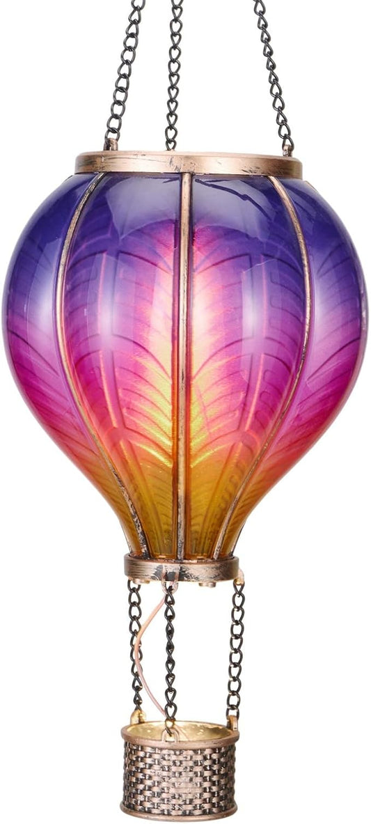 TERESA'S COLLECTIONS Hot Air Balloon Solar Lantern for Garden Decor ,Flickering Flame Hanging Solar Light for Outdoor ,Purple & Pink Plastic Lamp for Yard Tree Gift for Mom