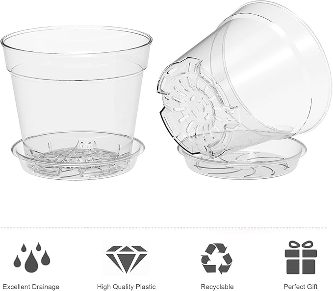 4 Inch Clear Nursery Pots, 8 Pack Highly Transparent Plant Pots for Small Indoor Plants with Drainage Holes and Trays, Plastic Seedling Starter Planters for Flowers