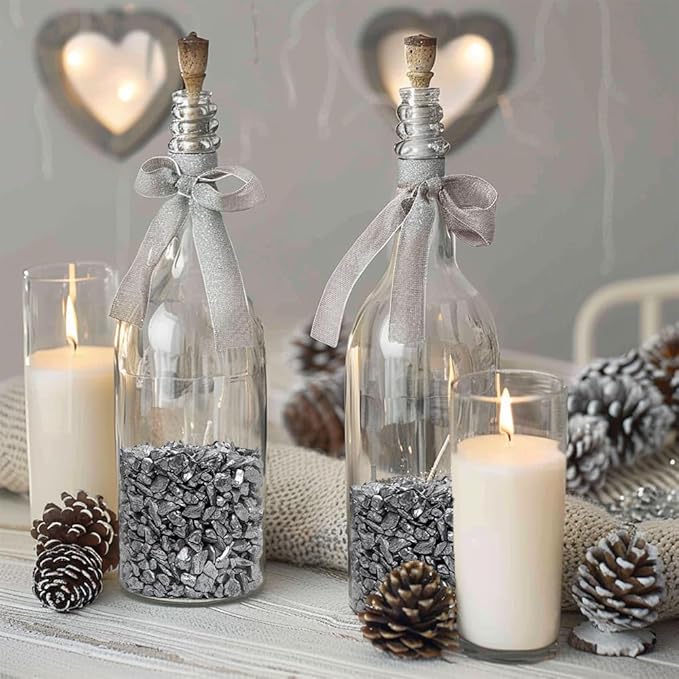 HappyFiller 3-7mm Candle Holder Mini Rocks,Vase Fillers Small Gravels Stones,Terrarium Succulent Planter Soil Cover Decor Pebbles,Aquarium Fishbowl Granule,Crushed Glass,Silver 0.81 LB