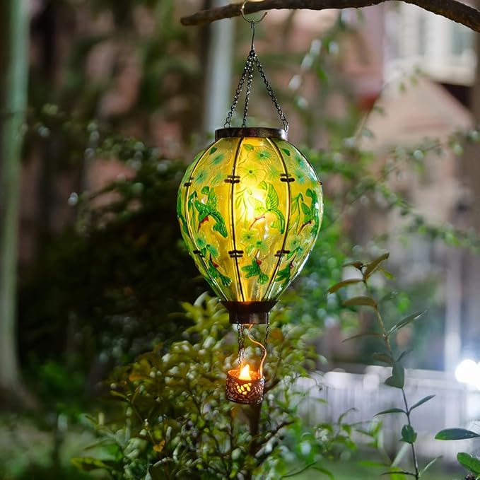 Starsoul Extra Large Solar Hot Air Balloon Lantern with Flame Hummingbird Glass Outdoor Hanging Hot Air Balloon Solar Light Waterproof Garden Patio Yard Party Decorations
