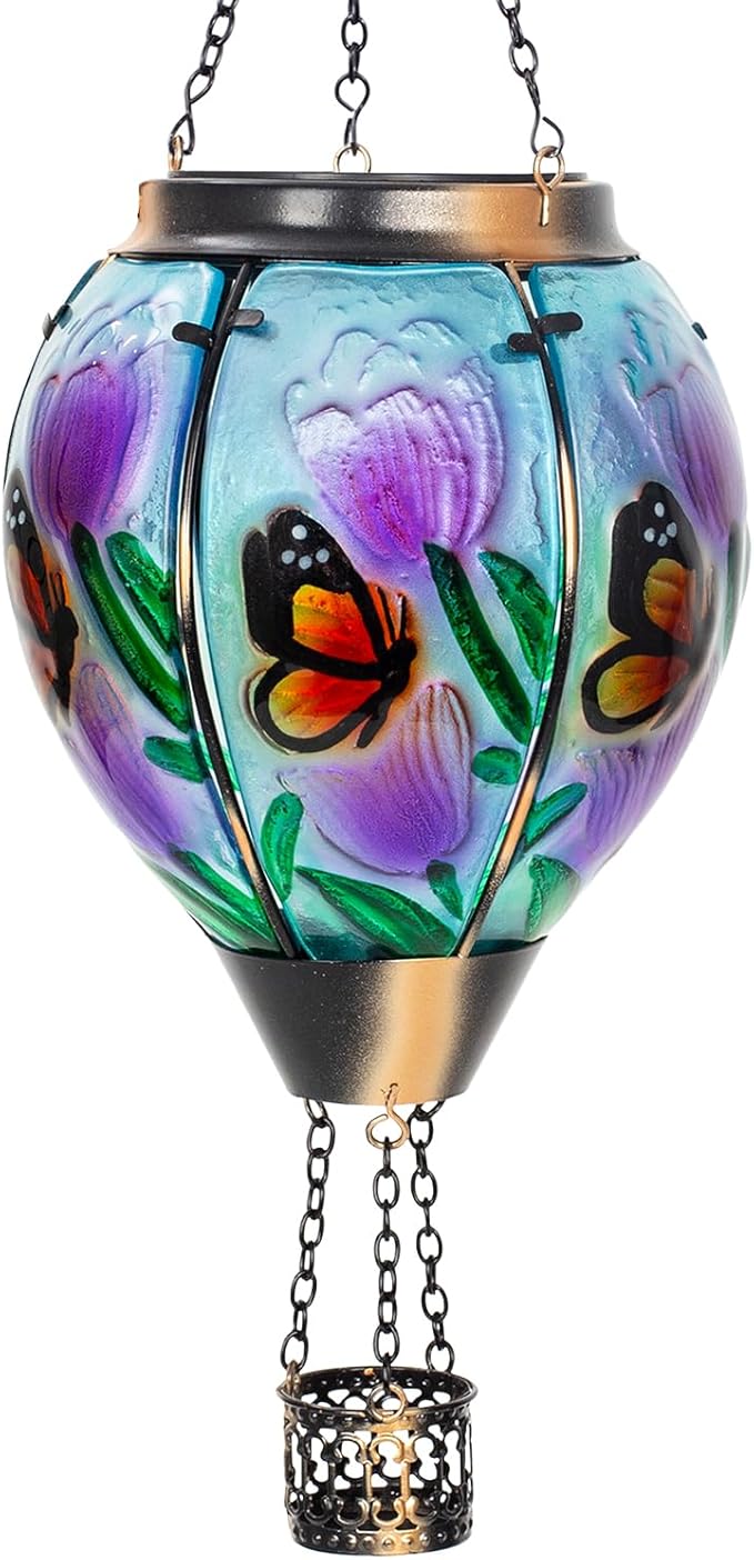 Butterfly Flower Solar Hot Air Balloon Lantern with Flame, Glass Balloon Lantern Outdoor Waterproof Lights, Hanging Solar Lights for Outside Garden Patio Porch Tree Yard Gift for Mom