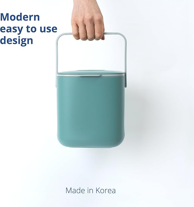 BLUE GINKGO Kitchen Compost Bin [2.6L / 0.69 GAL] – Filter-Free, Odor-Tight Countertop Food Waste Pail with Handles (Made in Korea, Green)