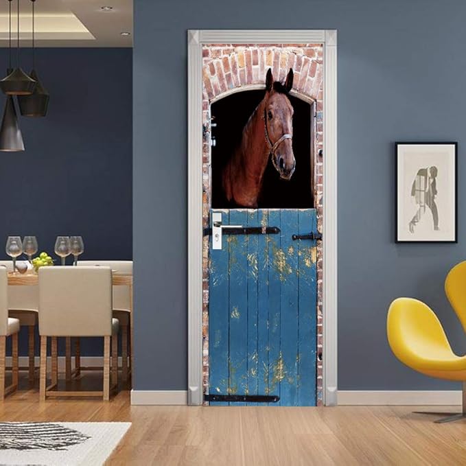 Horse 3D Door Stickers Murals - Peel & Stick - Waterproof & Washable - Matt Finish - Rustic Brown - Animal Pattern - Rectangular - Adults - All Seasons - Door & Wall - 34.6" x 78.7"