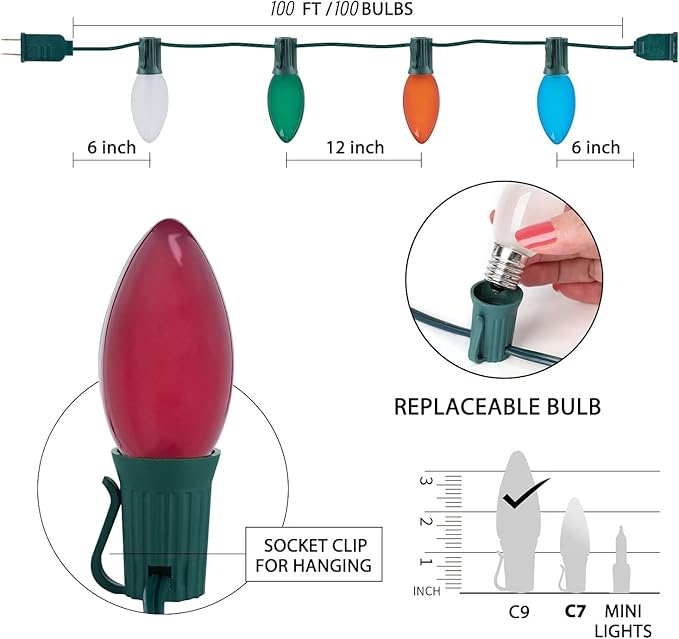 Vintage C9 Multicolor Christmas Lights Outdoor, 100 FT C9 String Lights for Christmas Decorations Holiday Party Indoor Room Outdoor Roofline Backyard Garden Patio Cafe Home Decoration, E17 Base