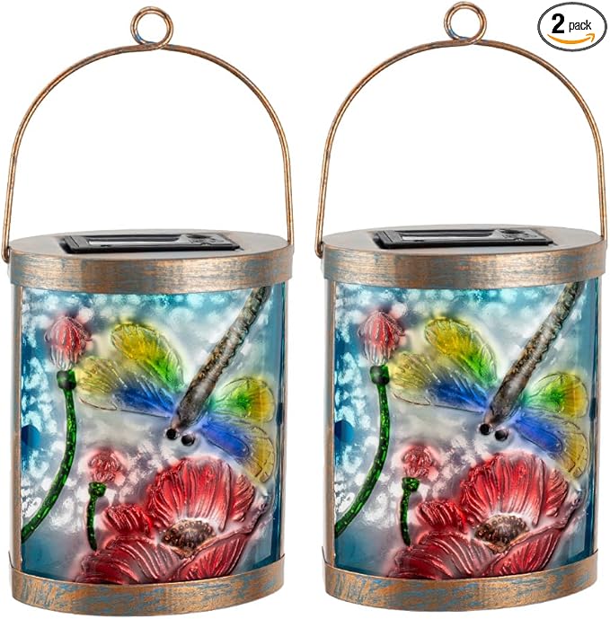 Starsoul 2 Pack Hanging Solar Lantern Outdoor Waterproof Glass Dragonfly and Lotus Decorative Solar Lights for Outside Garden Yard Table Patio Decor