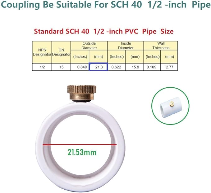 1/2 Inch PVC Coupling with Brass Mist Nozzle PVC Splitter with Brass Misting System Nozzles (Pack of 20)
