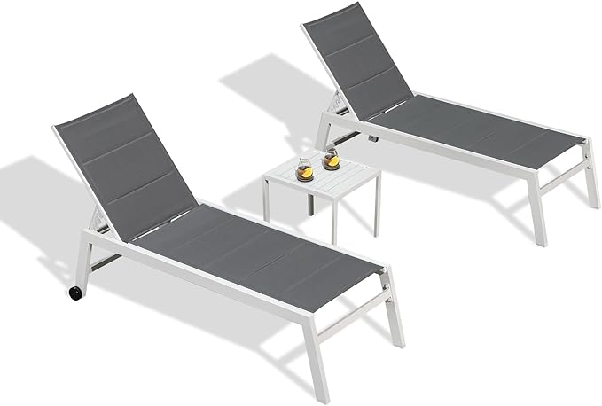 PURPLE LEAF Outdoor Chaise Lounge Set Adjustable Sunbathing Recliner with Side Table for Poolside Beach Outside Patio Aluminum Chaise Lounger Grey