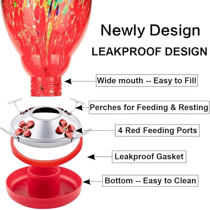 WOSIBO Hummingbird Feeder for Outdoors Patio Large 32 Ounces Colorful Hand Blown Glass Hummingbird Feeder with Ant Moat Hanging Hook, Rope, Brush and Service Card (Red-Sunrise)