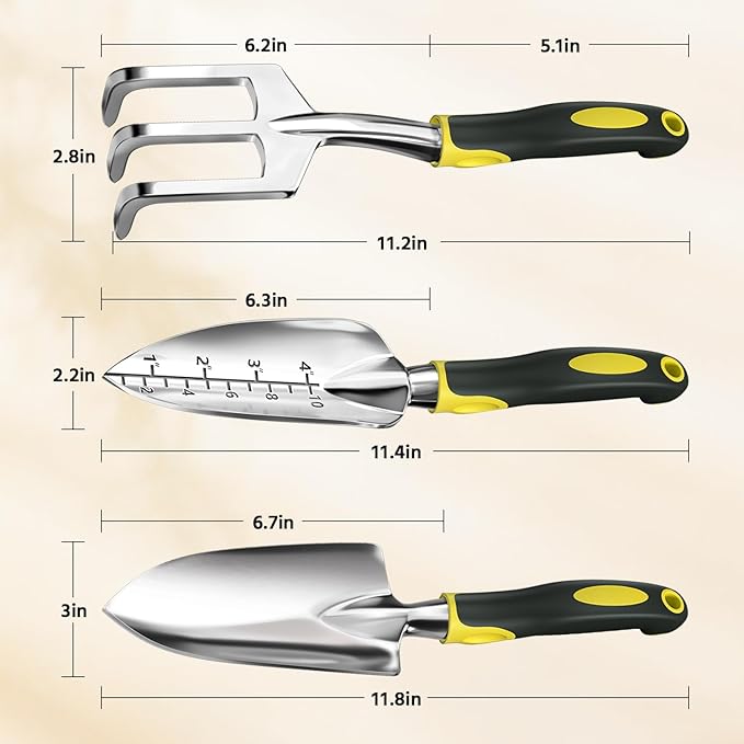LASZOLA 3 Piece Garden Tool Set Include Hand Trowel Rake and Transplant Shovel for Women, Indoor Heavy Duty Small Spade Kit with Ergonomic Handle to Weed and Loosen, for Mom and Plant Beginner, Yellow