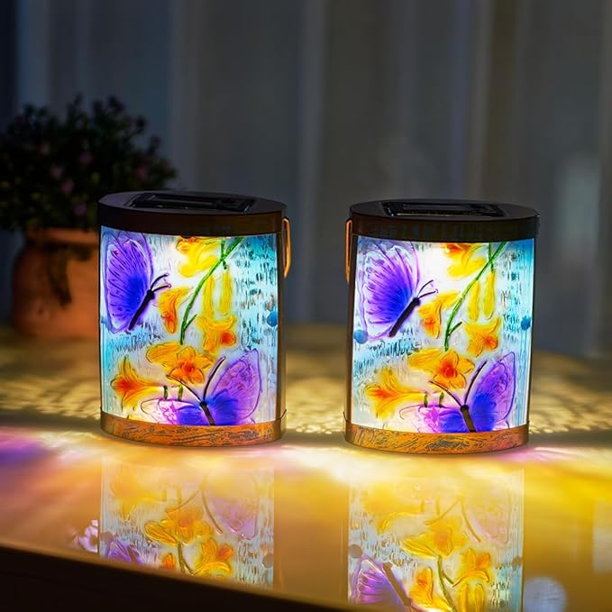 2 Pack Purple Butterfly Hanging Solar Lights for Outside Waterproof Glass Solar Lantern for Tabletop Garden Patio Decor