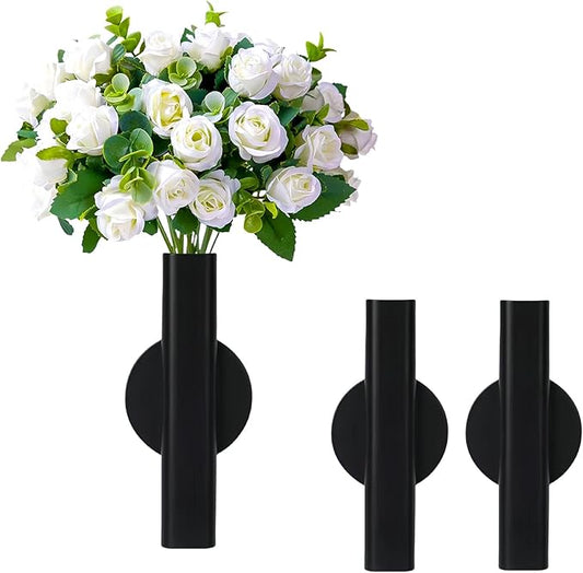Self Adhesive Wall Vase Metal Tube Decoration Holder Used to Display Dried Flower, Faux Flowers, Fake Flowers, Also Suitable for Cemetery Memorial Decoration (2 Pcs Black)