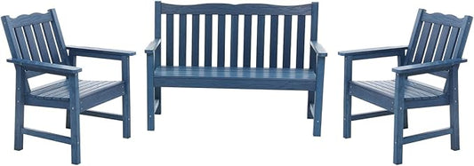 Stoog Outdoor Chairs & Bench Set, All-Weather Patio Furniture Set, Include 2 Patio Chairs and 1 Bench, Blue
