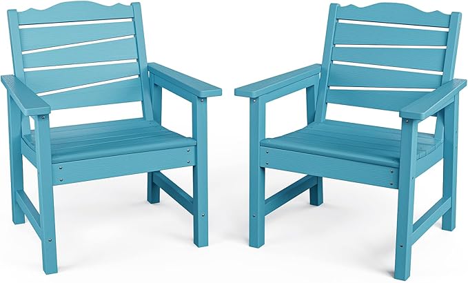 Patio Chairs Set of 2, Weatherproof HIPS Outdoor Dining Chair with Ergonomics Wide Seat, 400lbs Capacity Outdoor Chairs for Garden, Porch, Lawn & Backyard, Lake Blue
