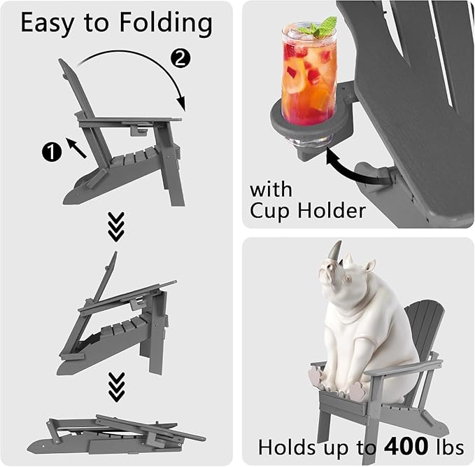 Folding Adirondack Chair with Cup Holder, HDPE Patio Chairs, All-Weather Outdoor Chairs for Backyard, Deck, Fire Pit-Coffee