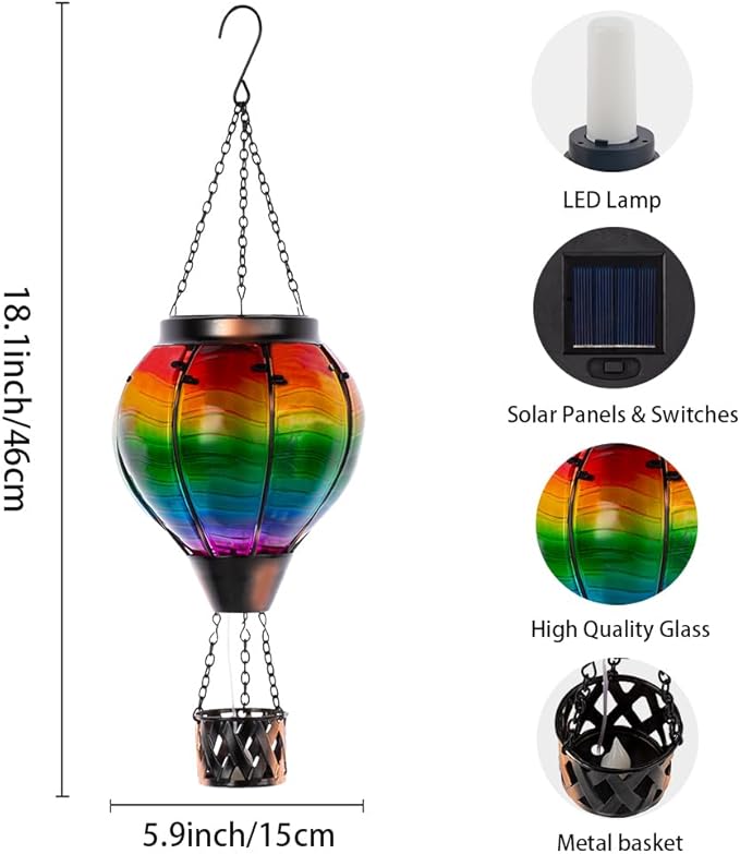 Starsoul Solar Hot Air Balloon Lantern with Flame Multi-Color Hot Air Balloon Lantern with Candle Holder Metal & Glass Hanging Garden Light Waterproof Outdoor Lantern Decor