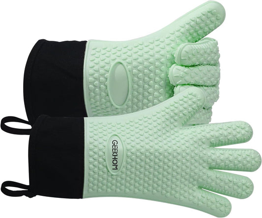GEEKHOM BBQ Gloves Heat Resistant Oven Mitts - Silicone Grilling Gloves with 13.7" Arm Protection - Waterproof Pot Holder Non-Slip for Men & Women, Kitchen Outdoor Cooking, Baking, Camping, Mint Green