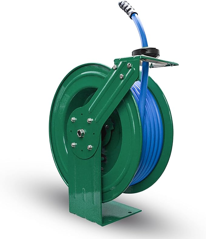Auto Retractable Water Hose Reel with Hot & Cold Water Rubber Garden Hose, Spray Nozzle - Ultra Light, Super Strong with 6' Lead-in Hose (3/4” x 50’ Green)